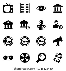 Solid vector icon set - tv vector, plane seats, eye, bank, account, no trailer road sign, cart horse, truck overtake, telescope, sunglasses, parasol, magnifier, teethers