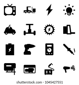 Solid vector icon set - tv vector, fork loader, lightning, bulb, electric car, gyroscope, sun power, water plant, battery, drill, multimeter, soldering iron, jig saw, generator, welding, dryer