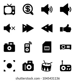 Solid vector icon set - tv vector, money click, volume medium, low, off, fast forward, backward, like, camera, music player, sim, projector, record button, drum, radio