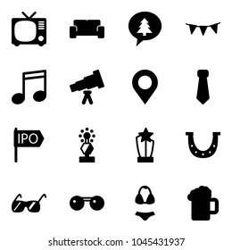 Solid vector icon set - tv vector, vip waiting area, merry christmas message, flag garland, music, telescope, map pin, tie, ipo, award, luck, sunglasses, swimsuit, beer