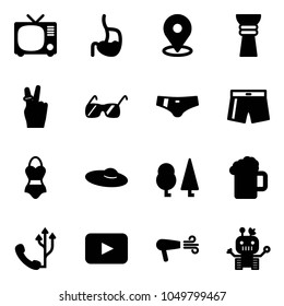 Solid vector icon set - tv vector, stomach, map pin, award, victory, sunglasses, swimsuit, woman hat, forest, beer, phone, playback, dryer, robot