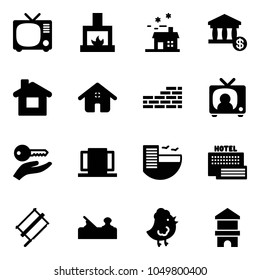 Solid vector icon set - tv vector, fireplace, house, account, home, brick wall, news, key hand, doors, hotel, sea, bucksaw, jointer, chicken toy, block