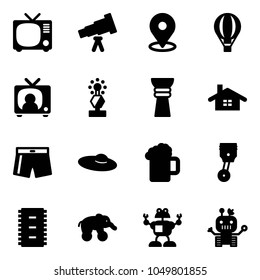 Solid vector icon set - tv vector, telescope, map pin, air balloon, news, award, home, swimsuit, woman hat, beer, piston, chip, elephant wheel, robot