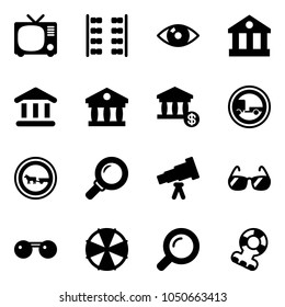 Solid vector icon set - tv vector, plane seats, eye, bank, account, no trailer road sign, cart horse, magnifier, telescope, sunglasses, parasol, teethers