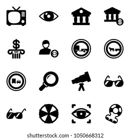 Solid vector icon set - tv vector, eye, bank, account, no trailer road sign, cart horse, truck overtake, magnifier, telescope, sunglasses, parasol, scanner, teethers