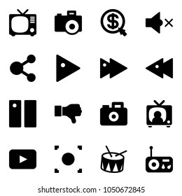 Solid vector icon set - tv vector, camera, money click, volume off, share, play, fast forward, backward, pause, dislike, news, playback, record button, drum, radio