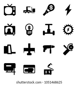 Solid vector icon set - tv vector, fork loader, money torch, lightning, news, business idea, gyroscope, sun power, water plant, milling cutter, drill machine, Angular grinder, jig saw, generator