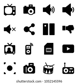 Solid Vector Icon Set - Tv Vector, Camera, Volume Medium, Low, Off, Share, Pause, Dislike, News, Music Player, Sim, Playback, Record Button, Drum, Radio