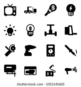 Solid vector icon set - tv vector, fork loader, money torch, idea, bulb, business, gyroscope, water power plant, Angular grinder, drill, multimeter, soldering iron, jig saw, generator, welding