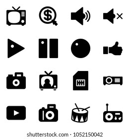 Solid vector icon set - tv vector, money click, volume medium, off, play, pause, record, like, camera, news, sim, projector, playback, drum, radio