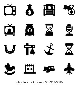 Solid vector icon set - tv vector, money bag, chest, encashment, news, sand clock, microphone, luck, ship bell, anchor, rocking horse, abacus, plane toy