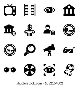 Solid vector icon set - tv vector, plane seats, eye, bank, account, no trailer road sign, cart horse, magnifier, telescope, sunglasses, parasol, scanner, teethers