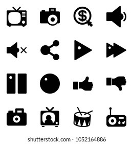Solid vector icon set - tv vector, camera, money click, low volume, off, share, play, fast forward, pause, record, like, dislike, news, drum, radio