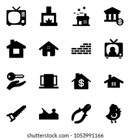 Solid Vector Icon Set - Tv Vector, Fireplace, House, Account, Home, Brick Wall, News, Key Hand, Doors, Dollar, Saw, Jointer, Side Cutters, Chicken Toy