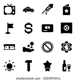 Solid vector icon set - tv vector, safety car, firework rocket, star postcard, flag, dollar sign, credit card, safe, cash, pay, prohibition road, gear globe, bulb, work, medal, wine