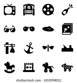 Solid vector icon set - tv vector, money chest, film coil, fizz opening, sunglasses, woman hat, photo, ship bell, anchor, dragonfly, jointer, rocking horse, abacus, wheel, toy