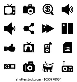 Solid vector icon set - tv vector, camera, money click, volume medium, low, share, fast forward, pause, like, news, music player, sim, projector, drum, radio