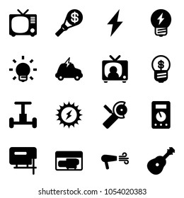 Solid vector icon set - tv vector, money torch, lightning, idea, bulb, electric car, news, business, gyroscope, sun power, Angular grinder, multimeter, jig saw, generator, dryer, guitar