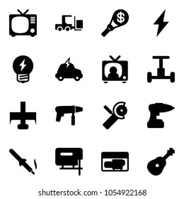 Solid vector icon set - tv vector, fork loader, money torch, lightning, idea, electric car, news, gyroscope, milling cutter, drill machine, Angular grinder, soldering iron, jig saw, generator