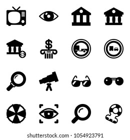 Solid vector icon set - tv vector, eye, bank, account, no trailer road sign, truck overtake, magnifier, telescope, sunglasses, parasol, scanner, tethers