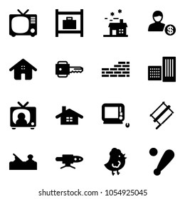 Solid vector icon set - tv vector, baggage room, house, account, home, key, brick wall, building, news, monoblock pc, bucksaw, jointer, pipe welding, chicken toy, baseball bat