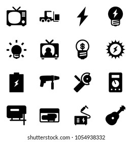 Solid vector icon set - tv vector, fork loader, lightning, idea, bulb, news, business, sun power, battery, drill machine, Angular grinder, multimeter, jig saw, generator, welding, guitar