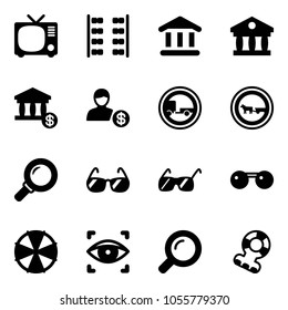 Solid vector icon set - tv vector, plane seats, bank, account, no trailer road sign, cart horse, magnifier, sunglasses, parasol, eye scanner, teethers