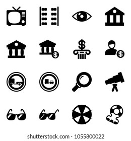Solid vector icon set - tv vector, plane seats, eye, bank, account, no trailer road sign, truck overtake, magnifier, telescope, sunglasses, parasol, teethers