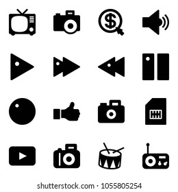 Solid vector icon set - tv vector, camera, money click, volume medium, play, fast forward, backward, pause, record, like, sim, playback, drum, radio