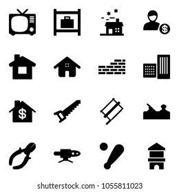 Solid vector icon set - tv vector, baggage room, house, account, home, brick wall, building, dollar, saw, bucksaw, jointer, side cutters, pipe welding, baseball bat, toy block