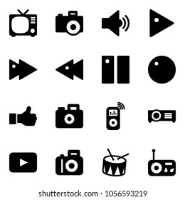 Solid vector icon set - tv vector, camera, volume medium, play, fast forward, backward, pause, record, like, music player, projector, playback, drum, radio