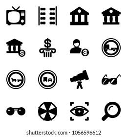 Solid vector icon set - tv vector, plane seats, bank, account, no trailer road sign, cart horse, truck overtake, telescope, sunglasses, parasol, eye scanner, magnifier