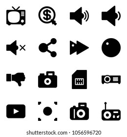 Solid vector icon set - tv vector, money click, volume medium, low, off, share, fast forward, record, dislike, camera, sim, projector, playback, button, radio