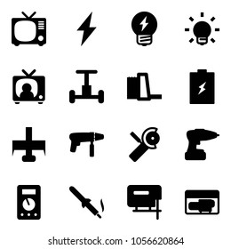 Solid vector icon set - tv vector, lightning, idea, bulb, news, gyroscope, water power plant, battery, milling cutter, drill machine, Angular grinder, multimeter, soldering iron, jig saw, generator