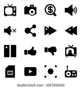 Solid vector icon set - tv vector, camera, money click, volume medium, off, share, fast forward, backward, pause, like, dislike, news, sim, playback, record button, radio