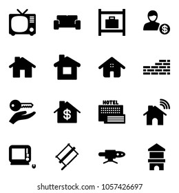 Solid vector icon set - tv vector, vip waiting area, baggage room, account, home, brick wall, key hand, dollar, sea hotel, wireless, monoblock pc, bucksaw, pipe welding, toy block house