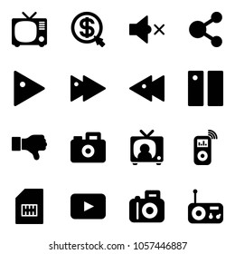 Solid vector icon set - tv vector, money click, volume off, share, play, fast forward, backward, pause, dislike, camera, news, music player, sim, playback, radio