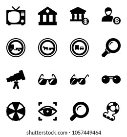 Solid vector icon set - tv vector, bank, account, no trailer road sign, cart horse, truck overtake, magnifier, telescope, sunglasses, parasol, eye scanner, teethers