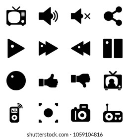 Solid vector icon set - tv vector, volume medium, off, share, play, fast forward, backward, pause, record, like, dislike, news, music player, button, camera, radio