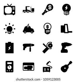 Solid vector icon set - tv vector, fork loader, money torch, idea, bulb, electric car, business, water power plant, battery, drill machine, Angular grinder, multimeter, generator, welding, guitar
