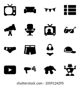Solid vector icon set - tv vector, vip waiting area, flag garland, menu, telescope, office chair, news, sunglasses, swimsuit, cap, playback, dryer, elephant wheel, robot
