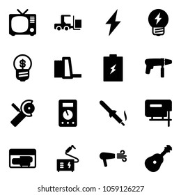 Solid vector icon set - tv vector, fork loader, lightning, idea, business, water power plant, battery, drill machine, Angular grinder, multimeter, soldering iron, jig saw, generator, welding, dryer