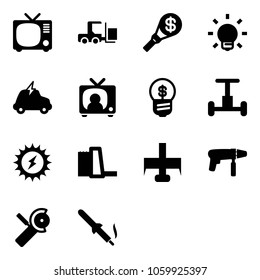 Solid vector icon set - tv vector, fork loader, money torch, bulb, electric car, news, business idea, gyroscope, sun power, water plant, milling cutter, drill machine, Angular grinder