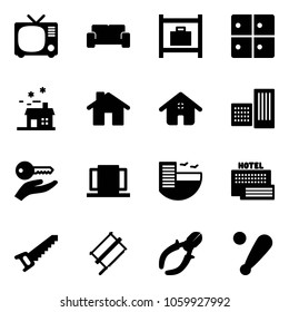 Solid vector icon set - tv vector, vip waiting area, baggage room, house, home, building, key hand, doors, hotel, sea, saw, bucksaw, side cutters, baseball bat