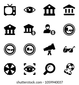 Solid vector icon set - tv vector, eye, bank, account, no trailer road sign, cart horse, truck overtake, telescope, sunglasses, parasol, scanner, magnifier, teethers