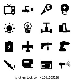 Solid vector icon set - tv vector, fork loader, money torch, idea, bulb, business, gyroscope, water power plant, battery, milling cutter, drill machine, soldering iron, jig saw, generator, dryer