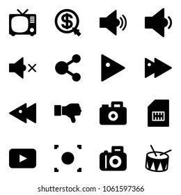 Solid vector icon set - tv vector, money click, volume medium, low, off, share, play, fast forward, backward, dislike, camera, sim, playback, record button, drum
