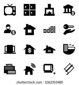 Solid vector icon set - tv vector, baggage room, fireplace, account, home, brick wall, key hand, doors, dollar, hotel, sea, wireless, monoblock pc, bucksaw