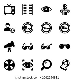 Solid vector icon set - tv vector, plane seats, eye, bank, account, no trailer road sign, cart horse, truck overtake, telescope, sunglasses, parasol, scanner, magnifier, teethers