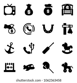 Solid vector icon set - tv vector, money bag, chest, encashment, phone horn, luck, ship bell, anchor, awl, rocking horse, abacus, plane toy, stick, wheel